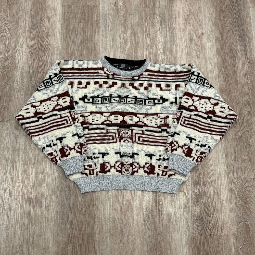 Vtg 90s Expressions Geometric 3D Knit Sweater Men's Size Large Grandpa Acrylic